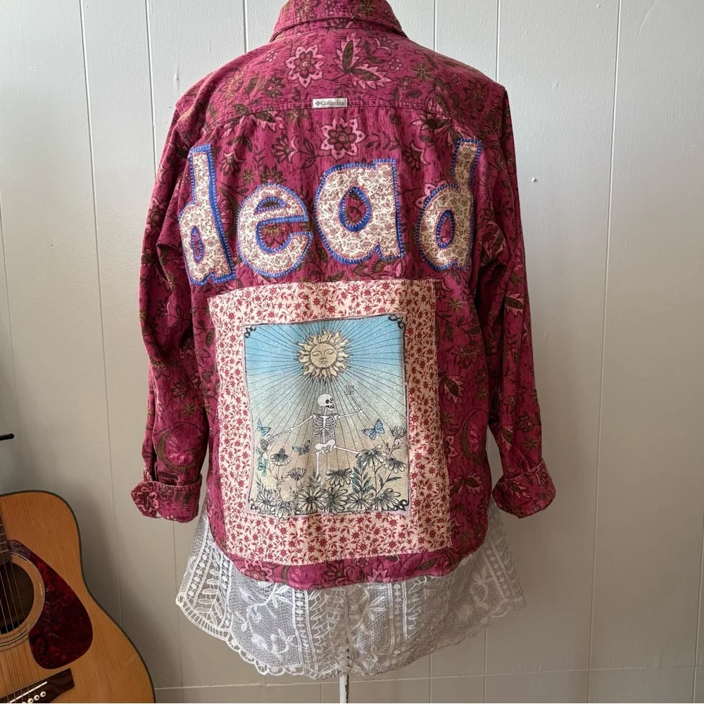 Grateful Dead Inspired Upcycled Button-down with Crochet Hem - Picture 1 of 11